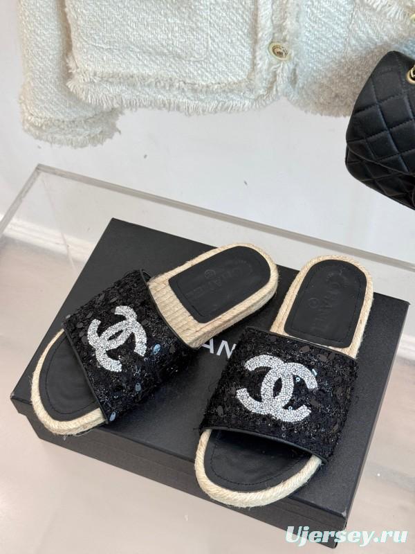2025 Women Chanel Black Sequin Espadrille Slides Classic Double C Logo Handmade Braided Sole KFY00240(F)