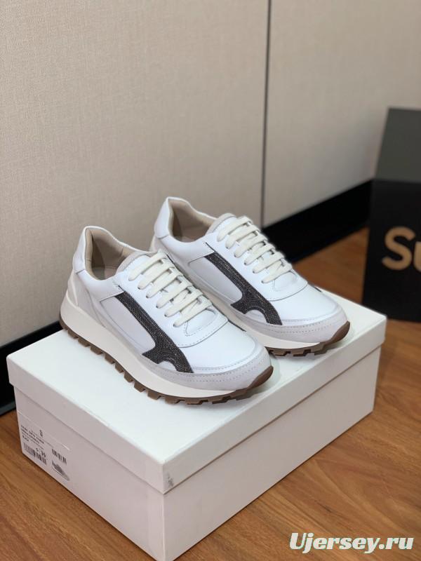 2025 Unisex Brunello Cucinelli White Grey Leather Suede Sneakers LY