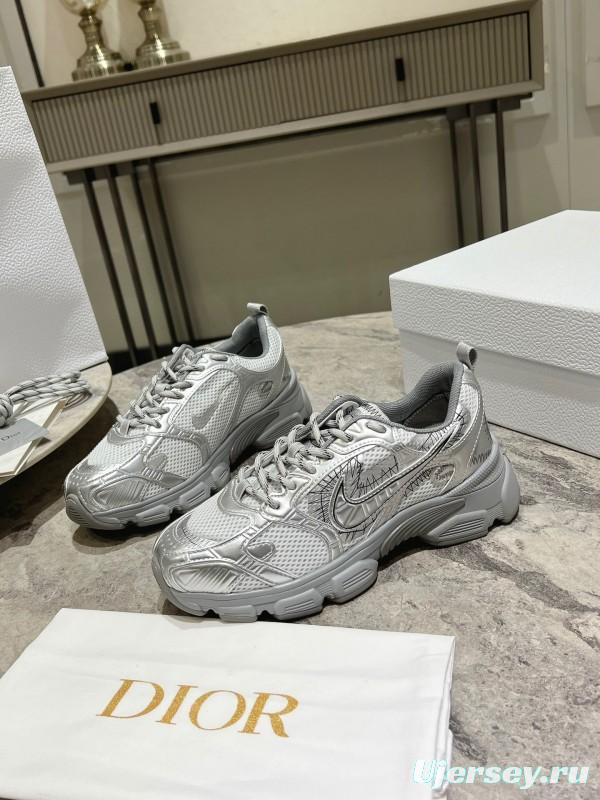 2025 Women Dior Silver Mesh Leather Sneakers