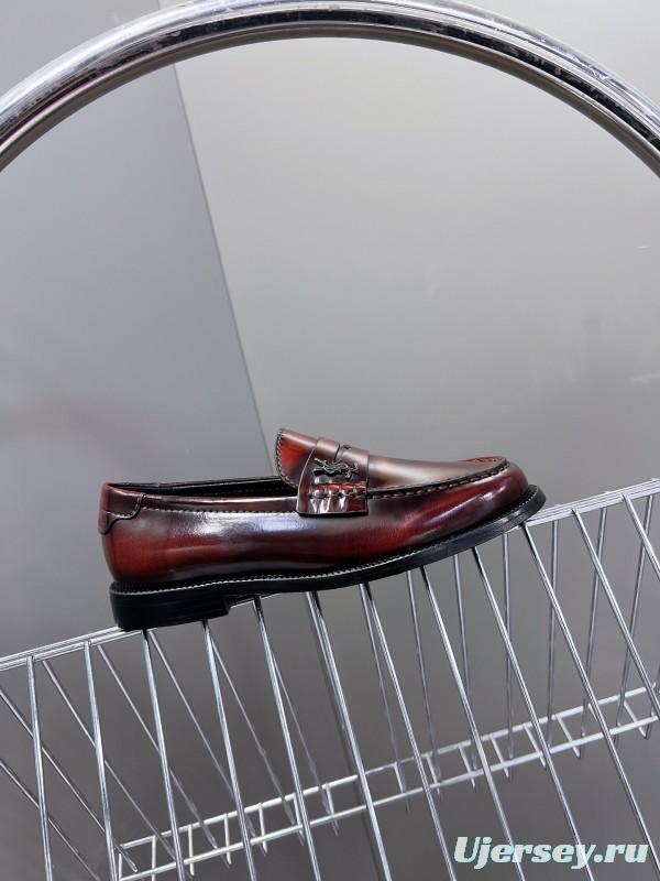 2025 Women Yves Saint Laurent Burgundy Calf Leather Loafers KFY00350