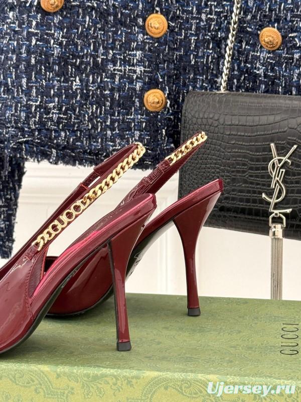 2025 Women Gucci Burgundy Patent Leather Slingback Chain High Heel KFY00300