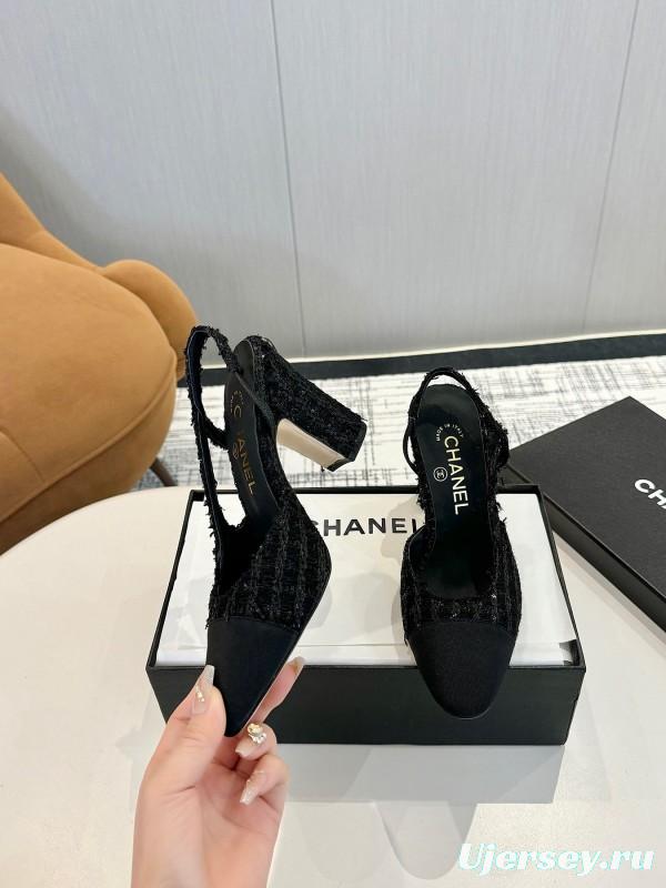 2025 Women Chanel Black Fabric Leather Slingback Heels