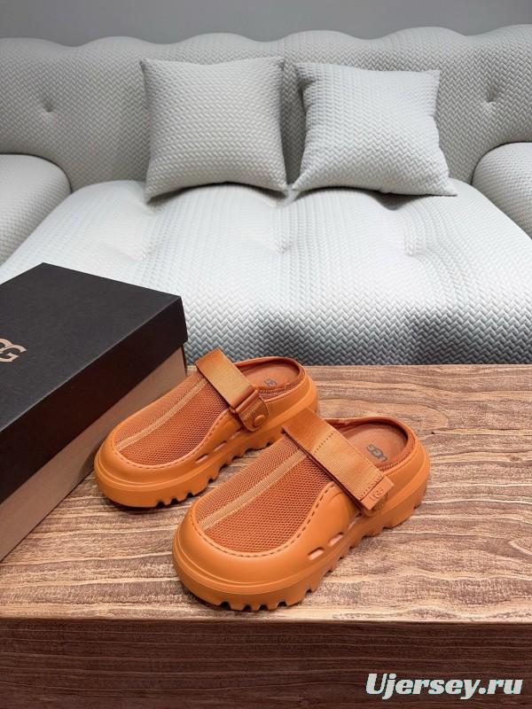 2025 UGG Brown Leather Mesh Slippers KFY00220