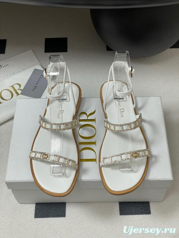 2025 Women Dior White Leather Flat Sandals Crystal Embellishment