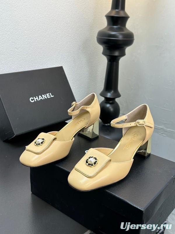 2025 Women CHANEL Beige Lambskin Mid Heel Ankle Strap Square Toe Pumps