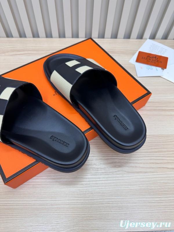 2025 Slippers Hermès Black Beige Leather Slides