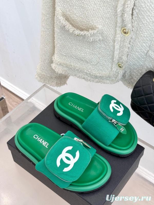2025 Slippers Chanel Green Canvas Women Slippers KFY00220