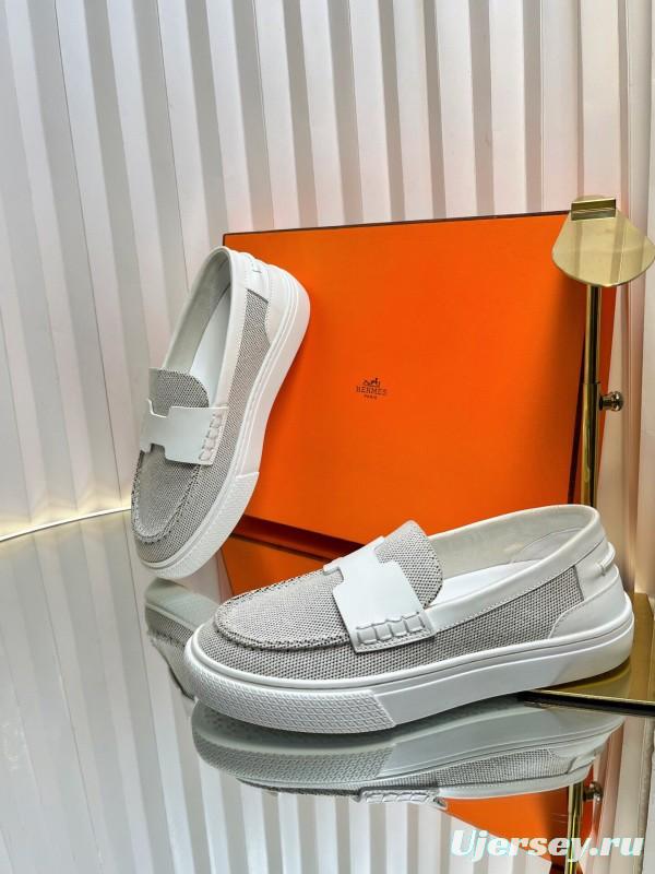 2025 Women Hermès White Mesh Leather Casual Loafers LY00310