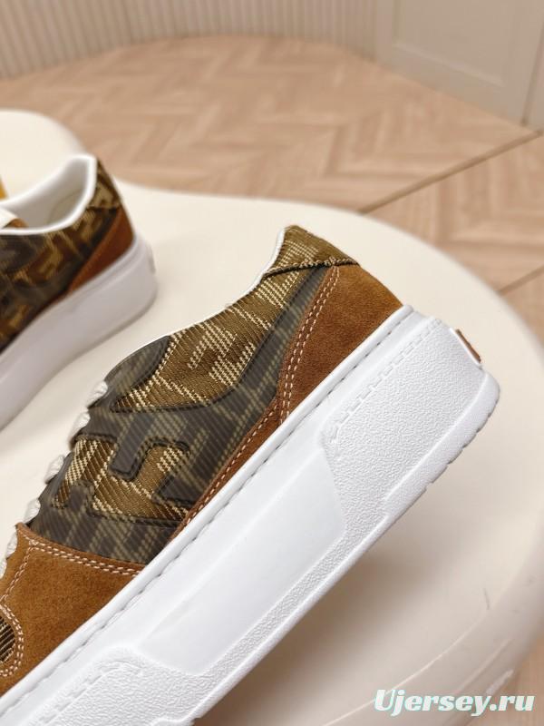 2025 Women Fendi Brown Leather Canvas Sneakers