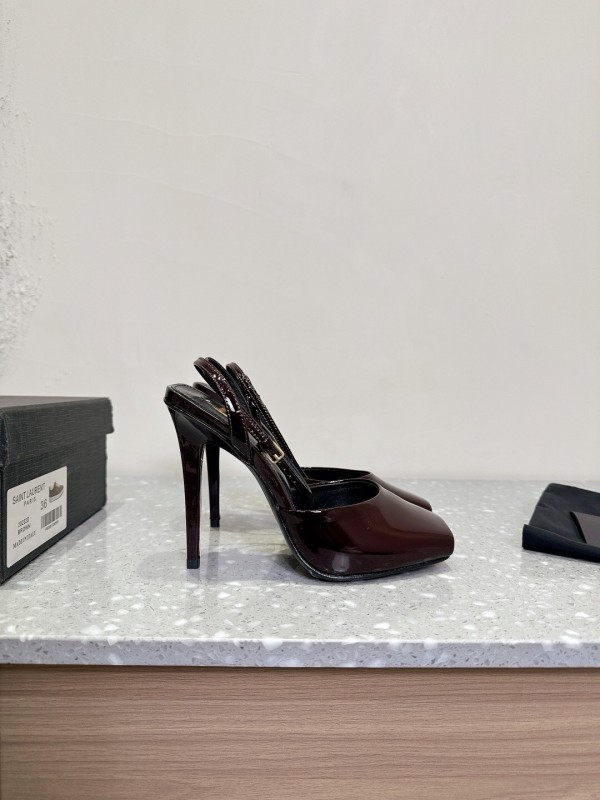 2025 Women Yves Saint Laurent Burgundy Patent Leather Slingback Stiletto Heel