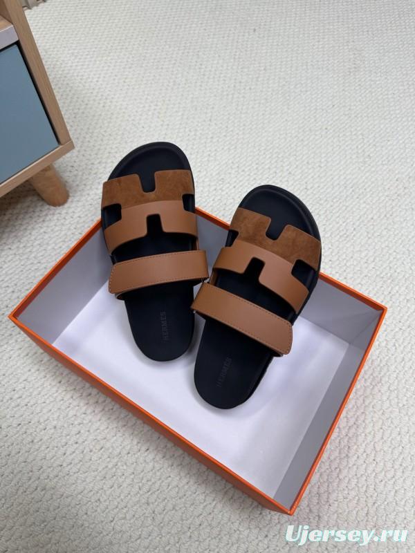 2025 Slippers Hermès Brown Black Leather Nubuck Slippers