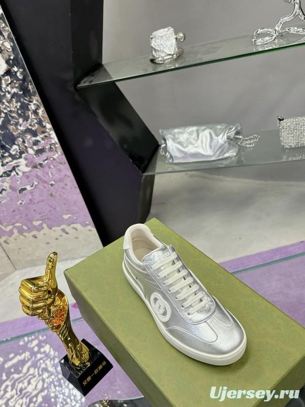 2024 Unisex Gucci Silver White Leather Suede Sneakers MJ00310