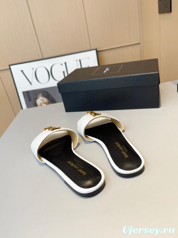 2025 Women Yves Saint Laurent White Leather Slippers LY00180