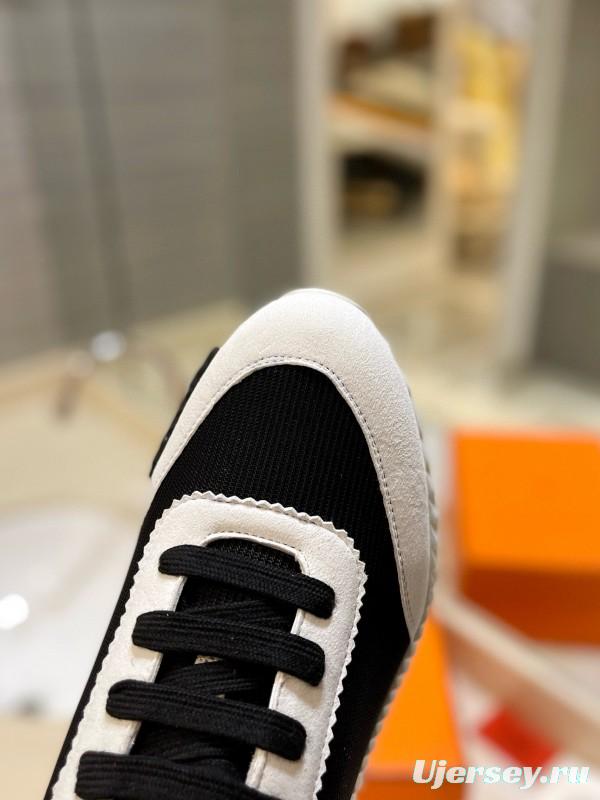 2024 Unisex Hermès black white leather mesh sneakers