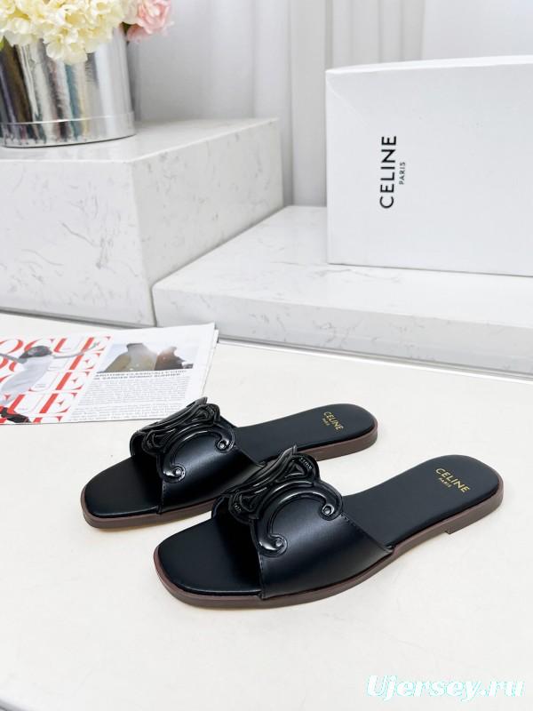 2025 Women Celine Black Leather Slippers LY00190