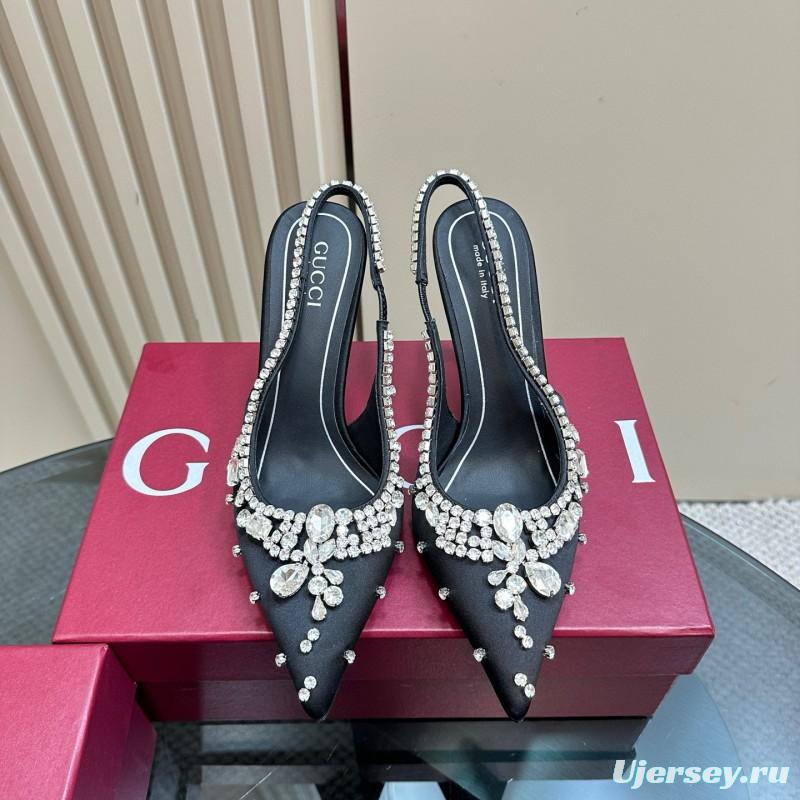 2025 Women Gucci Black Satin Slingback Heels Rhinestone MJ00340