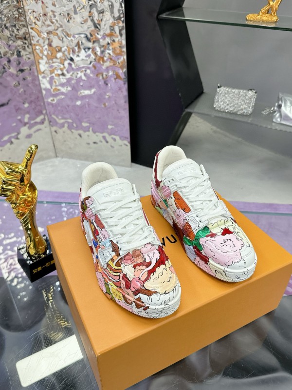 2024 Unisex Louis Vuitton White Pink Red Leather Canvas Sneakers Collaboration MJ00780