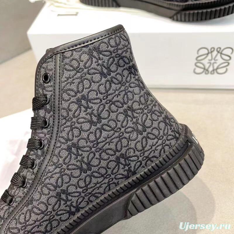 2025 Women Loewe Black Fabric Leather High-Top Sneakers LY00291