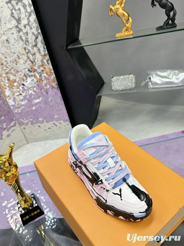 2024 Unisex Louis Vuitton Pink Blue Black Leather Denim Plimsolls Hand-Painted MJ00780