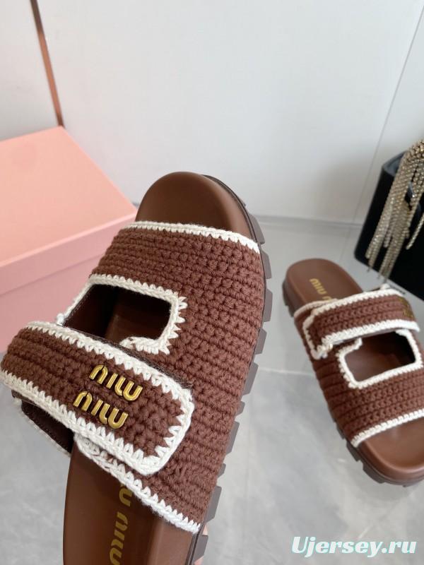 2025 Miu Miu Brown White Crochet Slippers KFY00290
