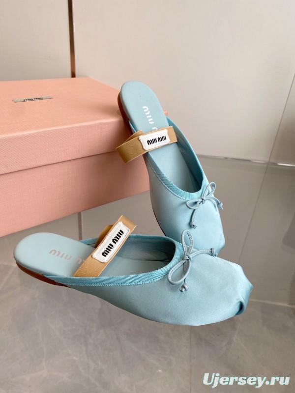 2025 Women Miu Miu Light Blue Satin Slip-On Ballet Flats KFY00280