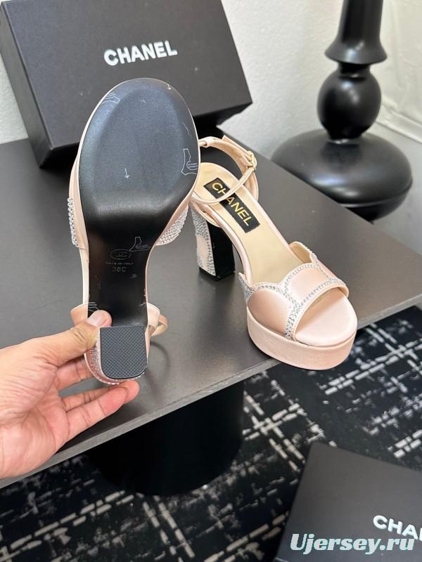 2025 Women Chanel Pink Satin Rhinestone Platform Sandals KFY00320