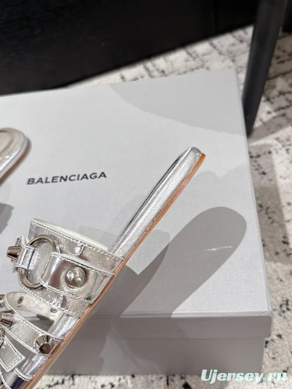 2025 Slippers Balenciaga Silver Leather Metal Buckle KFY00289