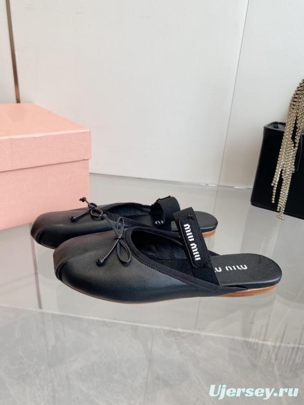 2025 Women Miu Miu Black Leather Ballet Flat Elastic Band