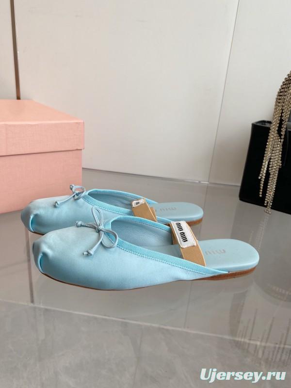 2025 Women Miu Miu Light Blue Satin Slip-On Ballet Flats KFY00280