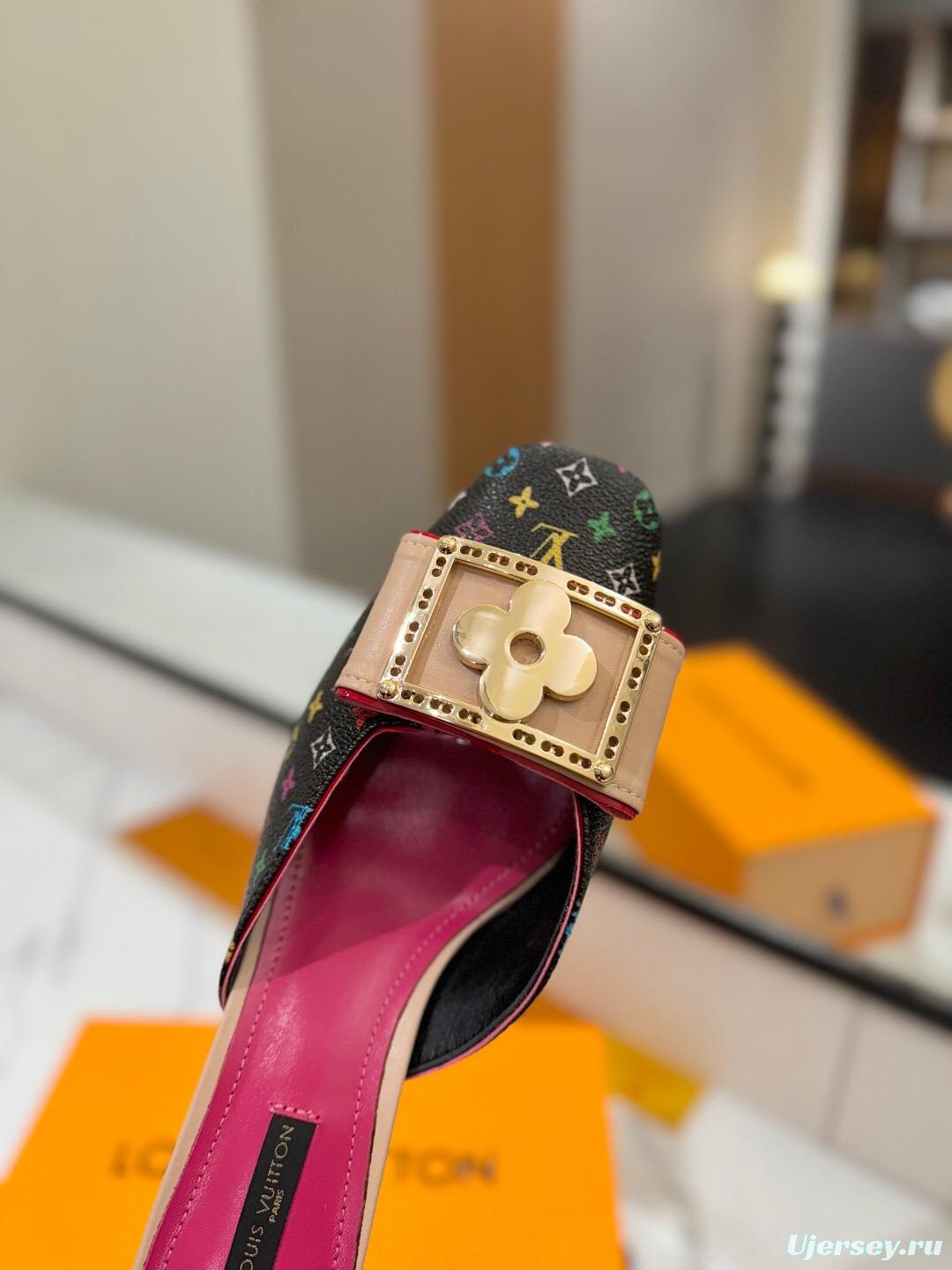 2025 Women Louis Vuitton Black Multicolor Leather Mules KFY00320