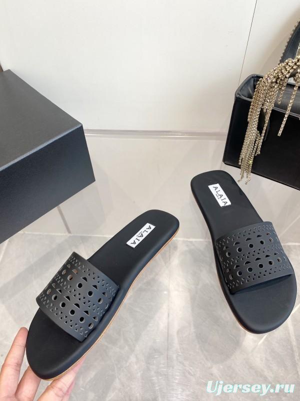 2025 Alaa Black Leather Slippers KFY00280