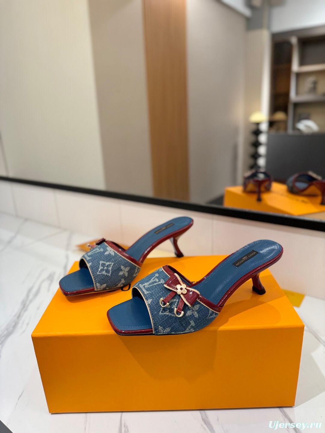 2025 Women Louis Vuitton Blue Denim Leather Mules