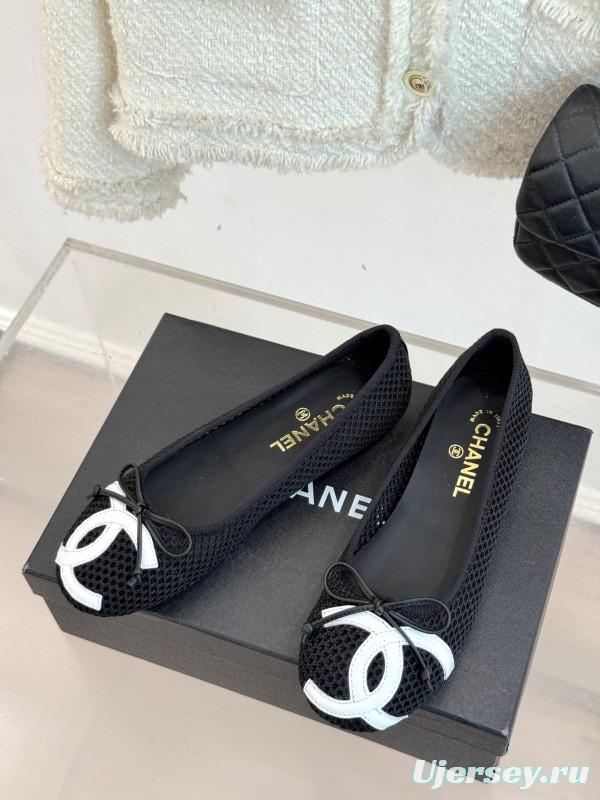 2025 Women Chanel Black White Mesh Leather Ballet Flats KFY00260