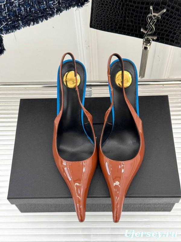 2025 Women Yves Saint Laurent Brown Patent Leather Slingback Heels KFY00290