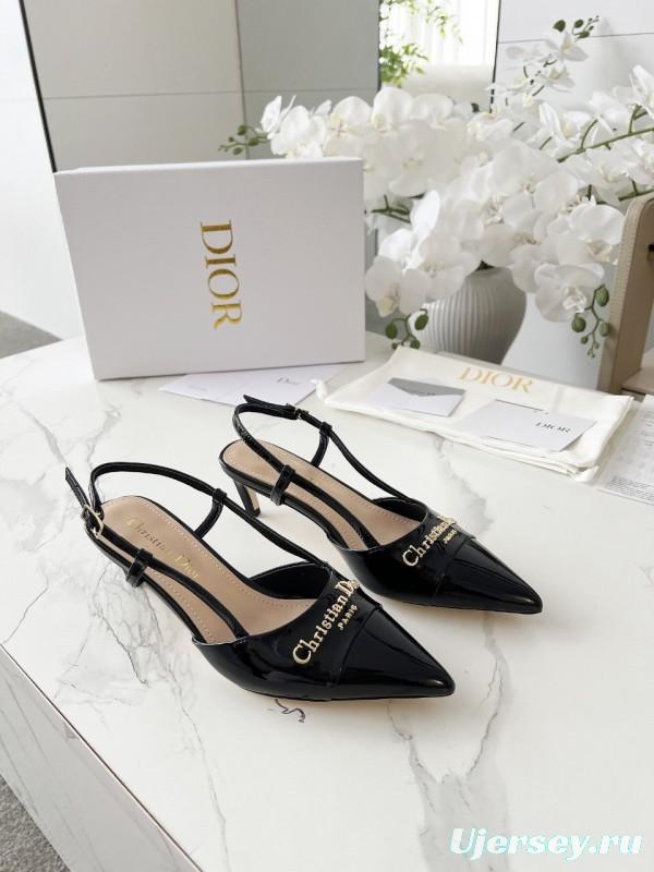 2025 Women Dior Black Patent Leather Slingback Heels KFY00310