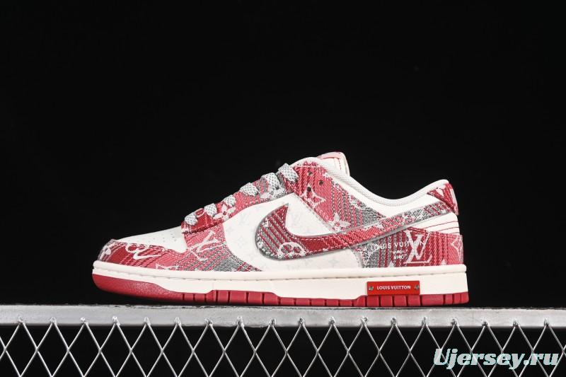 Nike SB Dunk Low LV Collaboration Grey Red Denim Anniversary High-End Custom Low-Top Casual Skate Shoes - SC9772-809