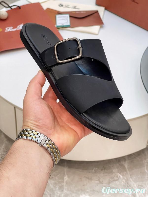 2025 Men Loro Piana Black Leather Slippers Buckle AS00250