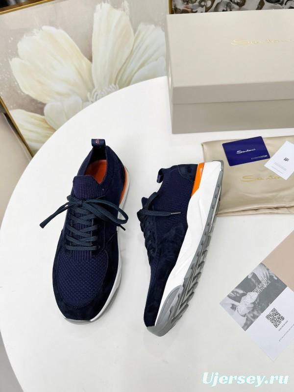 2025 Unisex Santoni Navy Orange Wool Knit Leather Sneakers AS00320