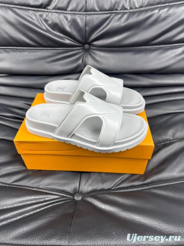 2025 Men Louis Vuitton White Leather Slippers AS00180