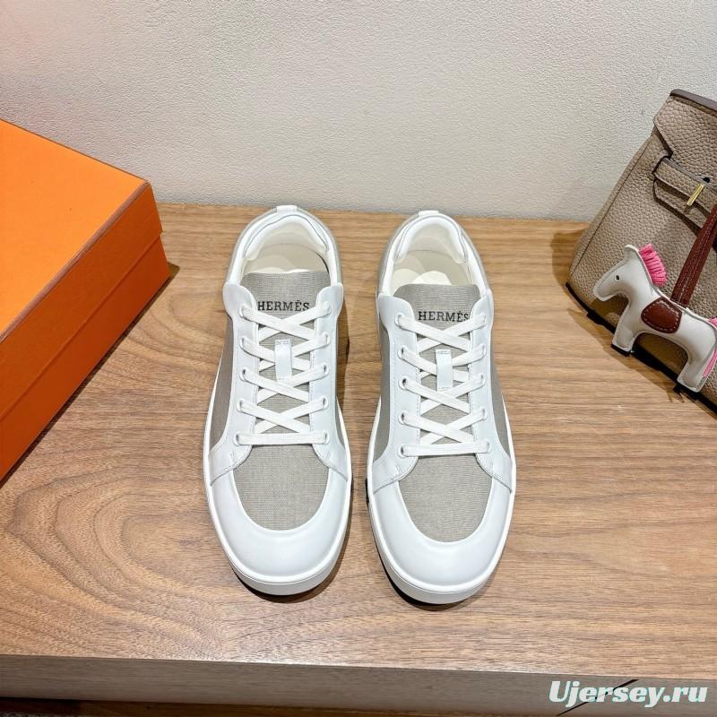 2025 Unisex Hermès White Light Grey Leather Fabric Sneakers AS00380