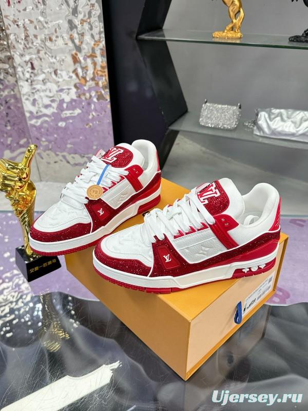 2025 Unisex Louis Vuitton Red White Leather Fabric Plimsolls Handmade Rhinestone AS00400