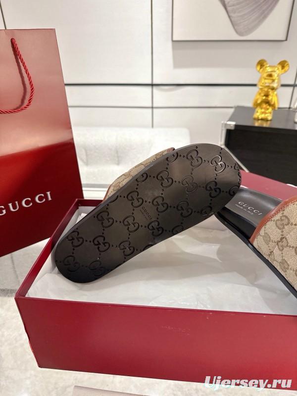 2025 Unisex Gucci Beige Brown Canvas Leather Slippers GG Embossed AS00240
