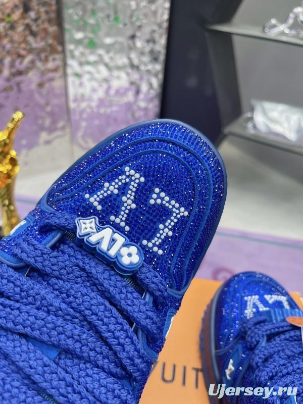 2025 Women Louis Vuitton Blue Crystal Trainer Original Custom Bing Bing Luxury Crystal Rhinestone High Temperature Hot Pressing TPU Sole AS00420