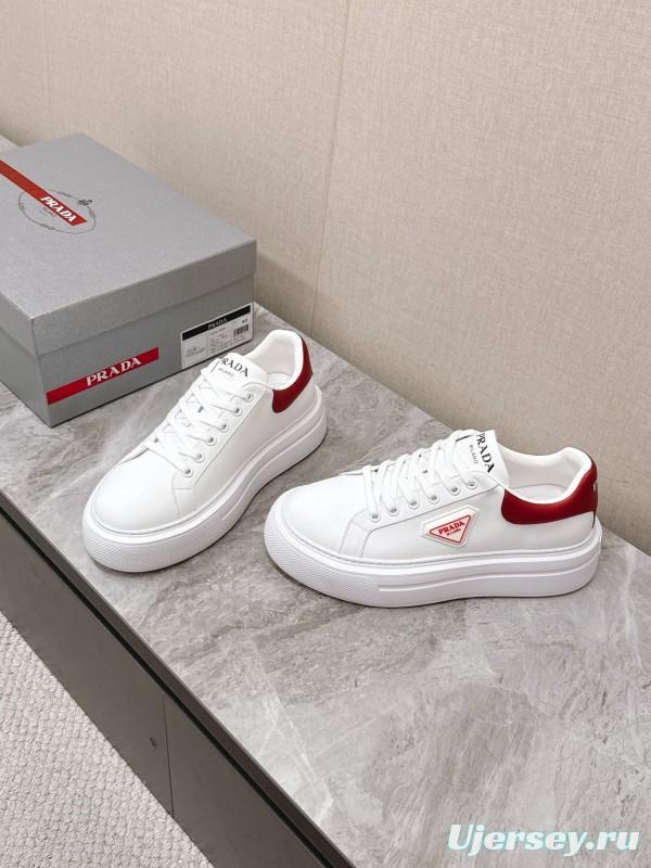 2025 Unisex Prada White Red Calf Leather Sneakers KFY00290
