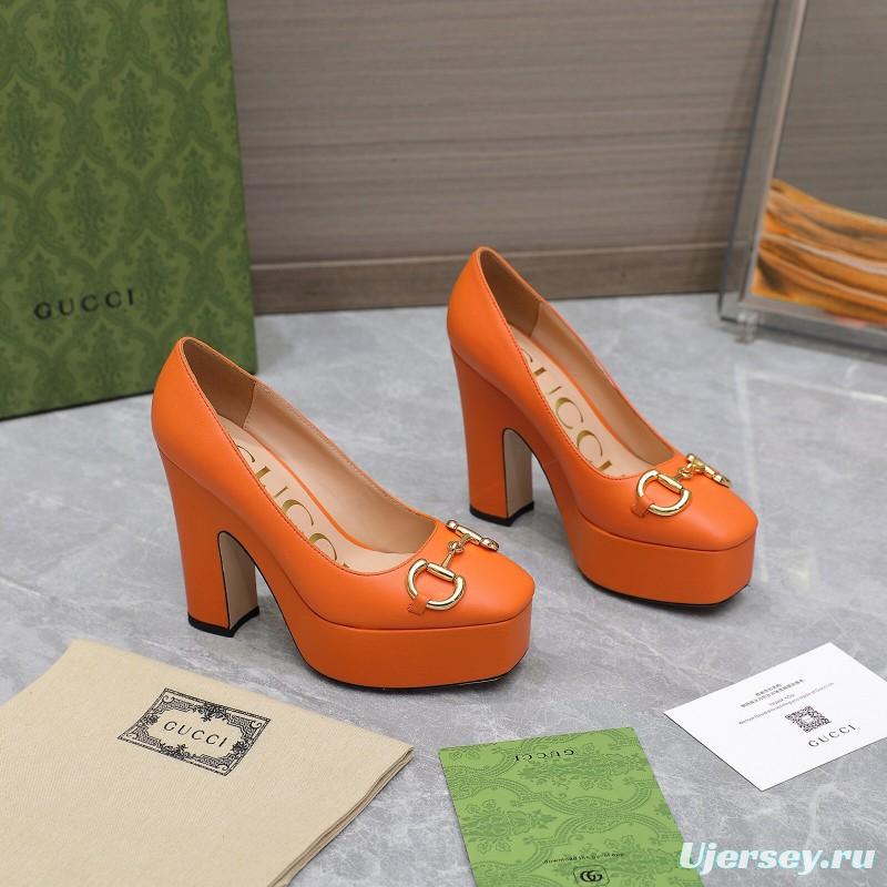 2025 Women Gucci Orange Leather Platform Pumps KFY00320