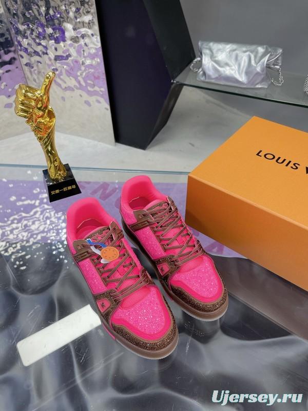 2025 Unisex Louis Vuitton Pink Brown Leather Canvas Plimsolls Handcrafted Crystals AS00400