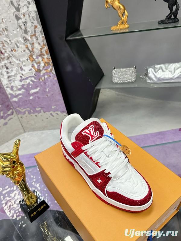 2025 Unisex Louis Vuitton Red White Leather Fabric Plimsolls Handmade Rhinestone AS00400