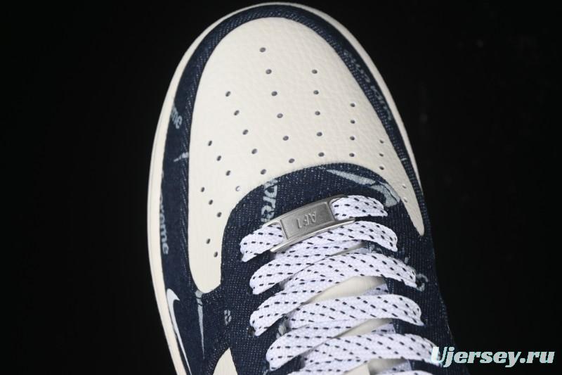 Nike Air Force 1 '07 Low Supreme Collaboration Blue Denim White Swoosh Casual Sneakers - LW9279-005