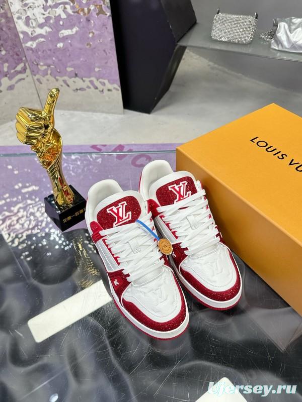 2025 Unisex Louis Vuitton Red White Leather Fabric Plimsolls Handmade Rhinestone AS00400