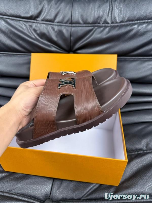 2025 Men Louis Vuitton Brown Leather Slippers AS00170